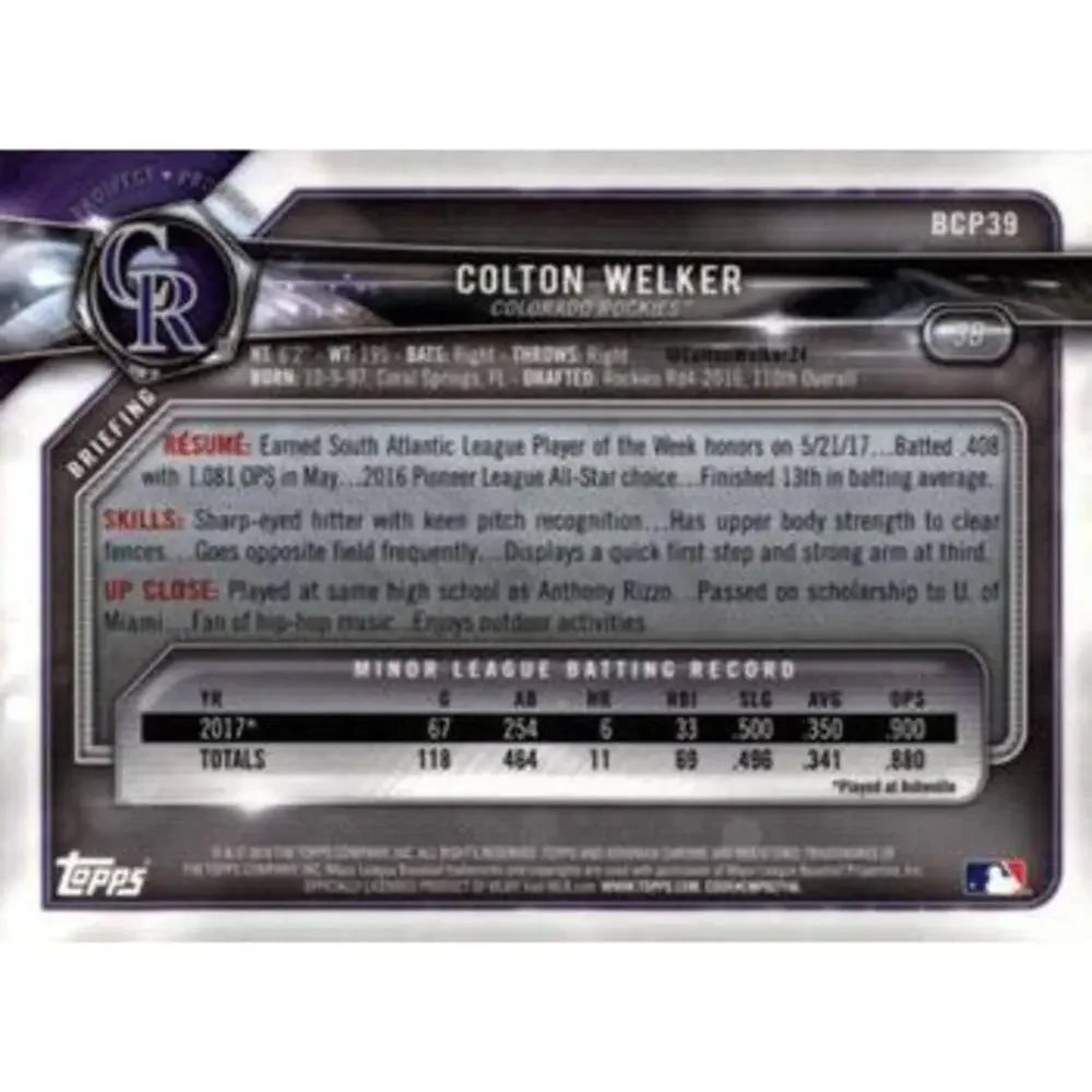 2018 Bowman Chrome Prospects Colton Welker BCP39 Colorado Rockies